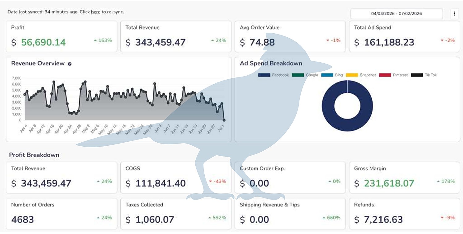 Client analytics dashboard showing revenue and profit